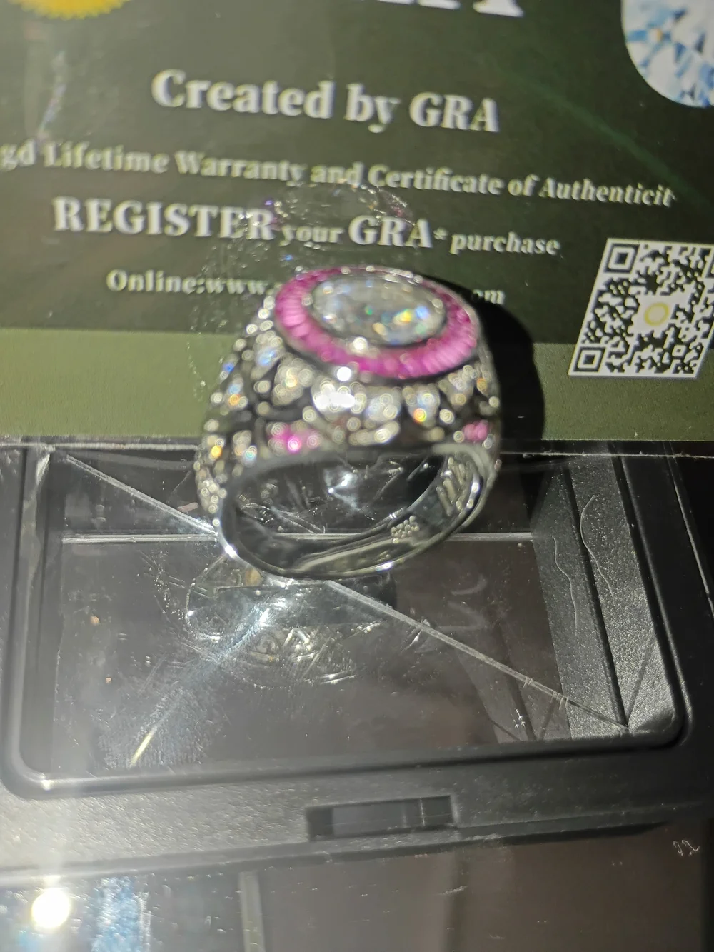 GRA Certified Round Halo Ring with Pink Stones